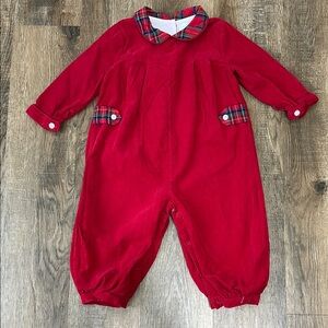 Cecil and Lou,Red Baby Jumpsuit with Plaid Collar